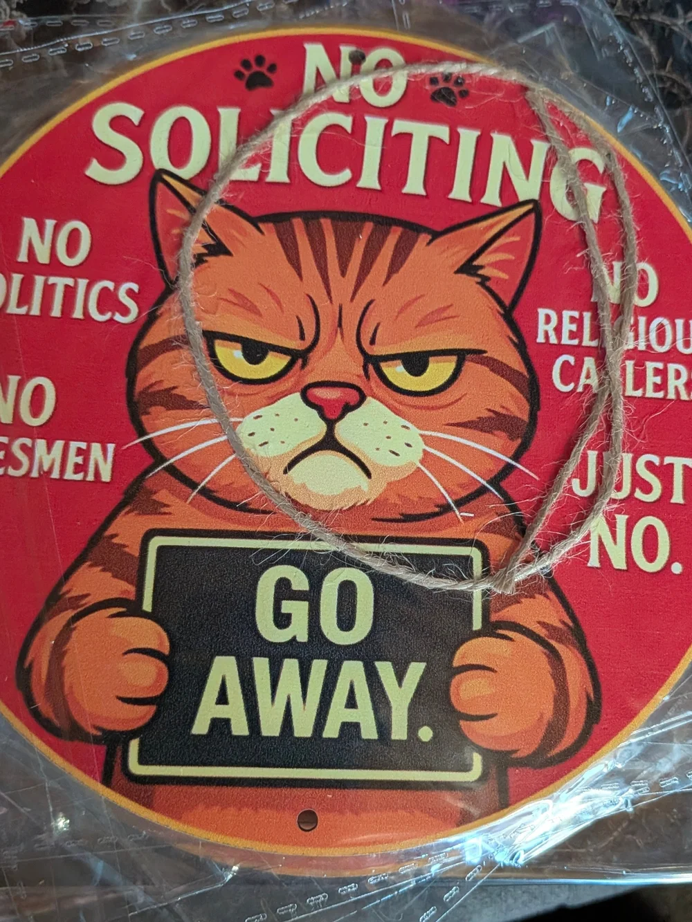 No Soliciting Cat Door Sign - Red Go Away Wall Decor 6 Inches